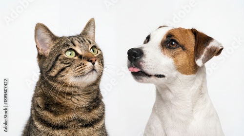 Brown tabby cat and brown and white jack russell terrier dog looking at each other on white background
