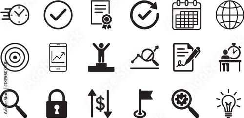 Analysis and assessment icons set for data analytics, reports, evaluation and business insights.