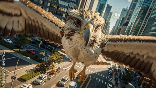 Close-up of an anthropomorphized eagle, celebrating multiple holidays Christmas, New Years Eve, Chinese New Year against a blurred urban backdrop The image is taken from a high vant - AI-Generated