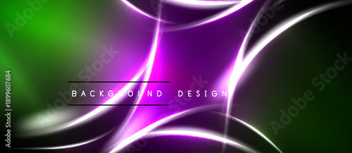 Abstract neon lines, vibrant green purple hues. Dynamic curves create modern background design. Smooth gradients, glowing effect.