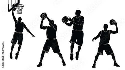 Silhouettes of basketball players in action, shooting and dribbling, in a dynamic sports scene from various viewpoints.