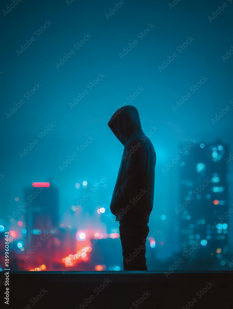 Obraz premium Silhouette of a person in a hooded jacket standing alone on a rooftop overlooking a vibrant cityscape with colorful lights and a foggy atmosphere at night