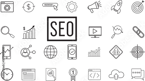 SEO Digital Marketing Icons Set – Search Engine Optimization, Analytics, Link Building, Content Strategy, Online Visibility Vector Illustration