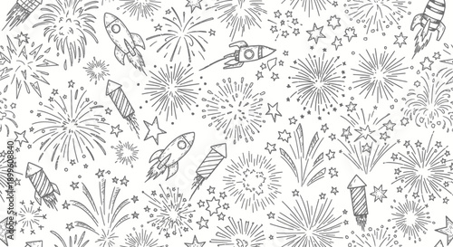 Celebratory Fireworks and Rocket Illustrations, Festive Background, Graphic Design, Fun Environment, Creative Viewpoint, Whimsical Concept