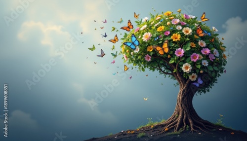 an artistic depiction of a human mind with flowers and butterflies growing from a tree, symbolizing positive thinking, creativity, self care, and mental health