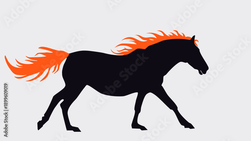Fire Horse black silhouette with orange flames mane isolated on white background, vector eps 10