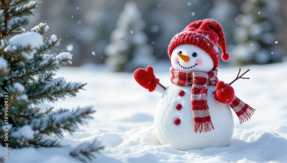 Fototapeta premium happy new year snowmancreate a charming, realistic image of a snowman standing in the snow near spruce trees, smiling warmly at the viewer, the snowman is dressed for winter with a red mitten, scarf