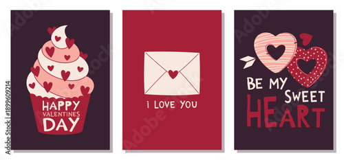 Set of 3 Valentine Greeting Cards with cupcake, love letter, and heart-shaped donuts