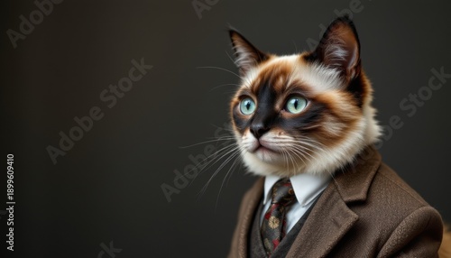 create an image of a regal siamese cat dressed in tailored business attire, exuding sophistication