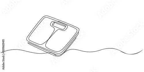 Continuous one line drawing of minimalist bathroom weight scale icon, Minimalist line art of bathroom scale with a simple design. No editable strokes, Minimalist one line drawing of medical scales.