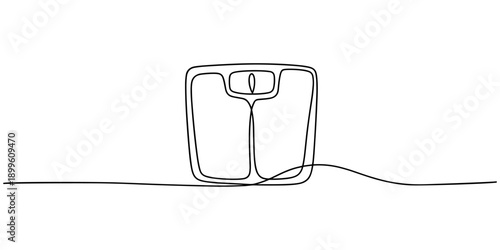 Continuous one line drawing of minimalist bathroom weight scale icon, Minimalist line art of bathroom scale with a simple design. No editable strokes, Minimalist one line drawing of medical scales.