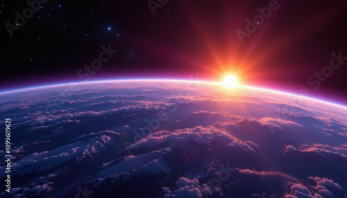 create a captivating image of either a sunrise over earth or a sunrise in space, set against soft lavender tones under vivid illumination, the subject should be clearly positioned at the top