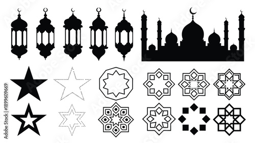 Islamic Lanterns Mosque Silhouette Geometric Patterns Vector Collection Black and White