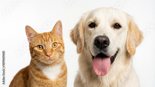 Friendly orange cat and golden retriever dog sitting side by side with white background looking happy and playful together