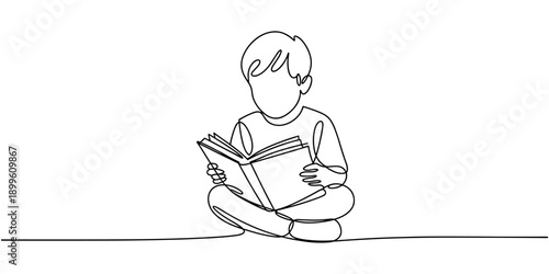 Continuous one line drawing kids sit down and put reading book on feet. Interesting to read the complete geographic map. Eliminate curiosity. Book festival. Single line draw design vector illustration