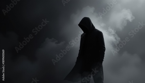 create a striking image of a mysterious male silhouette set against a dark background in an artistic style, place the subject on the right side of the frame, leaving ample copy space to the left