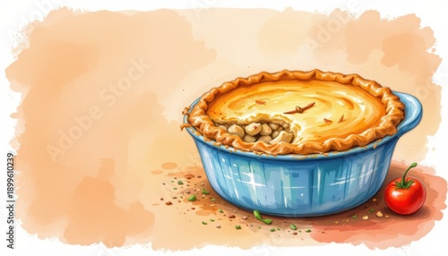 subject: chicken pot pie copy space: art style: watercolor positioning: centered optimization: photo use avoiding: trademarked terms, specific names, unnecessary words.