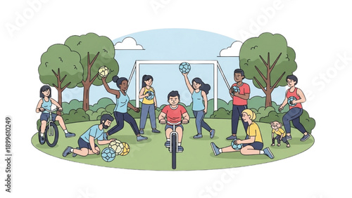 People enjoying outdoor activities together in a park on a sunny day