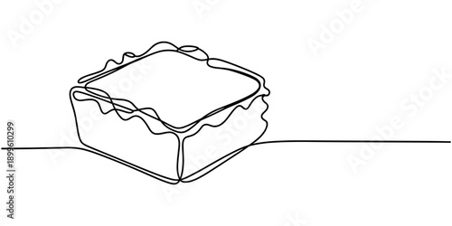 Brownie line art drawing, Minimalist dessert illustration featuring a tempting brownie continuous one line drawing, single line illustration of a brownie with chocolate drizzle pattern, smooth