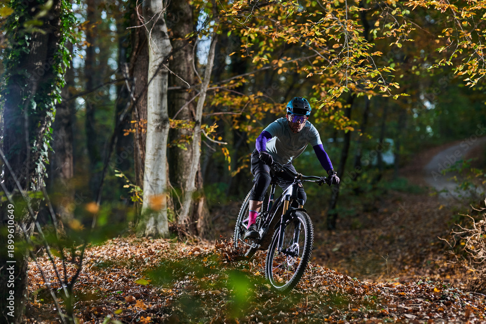Naklejka premium Mountain Biker Navigates Autumn Forest Trail With Focus, Gear, And Speed