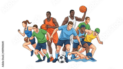 Group of athletes competing in various sports including soccer and basketball on a field