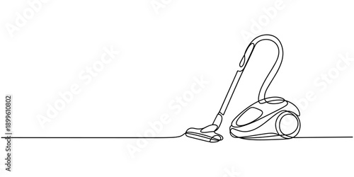 Continuous one line drawing of a modern vacuum cleaner with a floor nozzle, symbolizing home cleaning efficiency and domestic chores, ideal for appliance brochures and household service