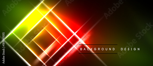 Abstract vibrant lines create dynamic geometric pattern. Colors blend, forming energetic visual experience. Dark background emphasizes bright illumination.
