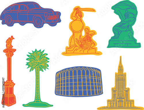 Warsaw landmarks colorful stickers set. Poland travel icons collection vector.