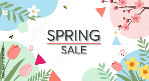 Vibrant spring sale announcement with colorful flowers and geometric shapes