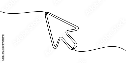 Continuous drawing of cursor arrow. One line icon of cursor arrow, Background of drawing one line on a white background. A single line drawing of a cursor. Continuous line cursor icon.