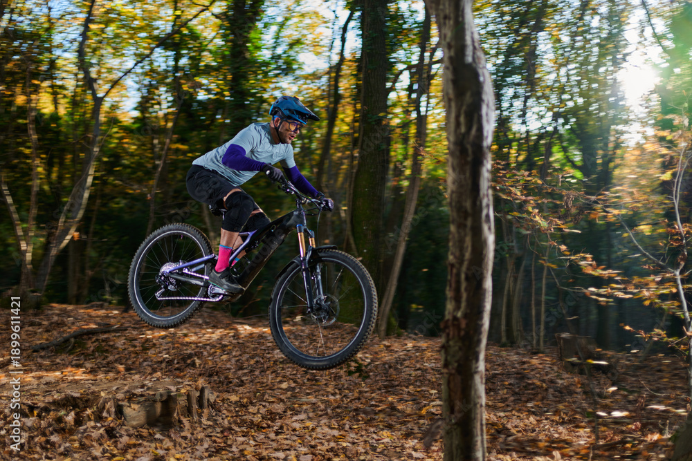 Naklejka premium Mountain Biker Navigates Leafy Forest Trail on an Autumn Day in Action