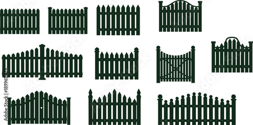 Garden Fence Silhouette Set with Various Wooden Picket Styles and Gate Designs for Landscaping cad drawing flat vector illustration for Design