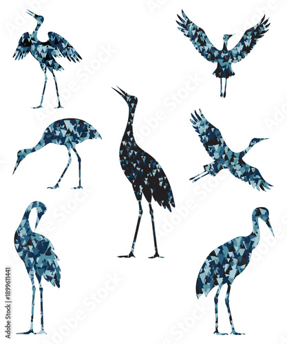 Set of black stork silhouettes showing flying and standing birds isolated on white background vector illustration collection for nature design.