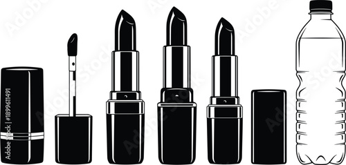 Lipstick and Lip Gloss Makeup Set with Plastic Water Bottle for Beauty and Hydration cad drawing flat vector illustration for Design