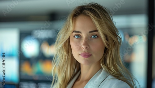 Confident blonde woman with blue eyes in a blazer, blurred data screens behind Free Download Confident blonde woman with blue eyes in a blazer, blurred data screens behind - GFXLoad
