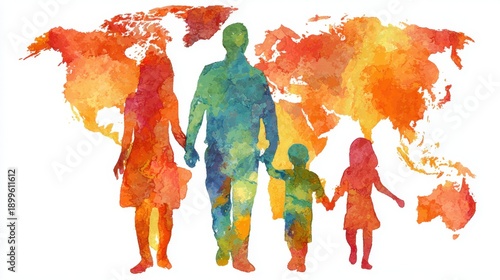 Colorful silhouette family with world map background in watercolor style Global Family Dayon