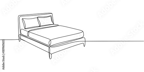 Bed in continuous line art drawing style. Double-size bed with bedding. Home furniture black linear design isolated on white background. Vector