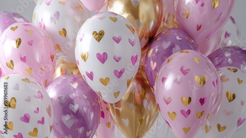 Colorful heart-patterned balloons in pink, white, and gold display