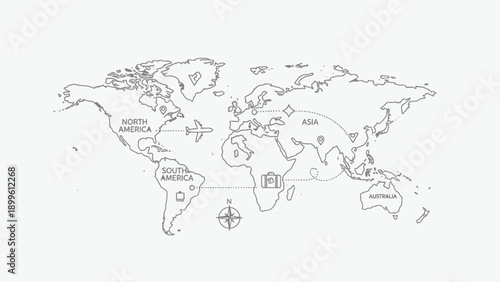 World map outline with travel icons and global routes