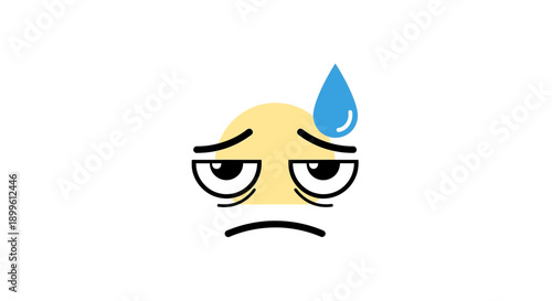A yellow cartoon emoji face with a tired, sad, or stressed expression and a blue sweat drop above its head on a white background.