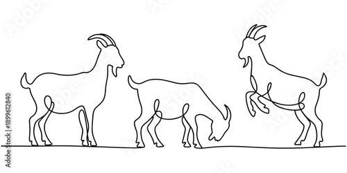 Continuous Line Art Three Goat Poses Farm Illustration, Goat One continuous line drawing vector, Continuous one line drawing of a goat with a pointed beard and horns, representing endurance