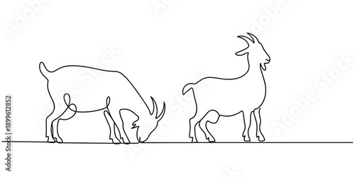 Continuous Line Art Three Goat Poses Farm Illustration, Goat One continuous line drawing vector, Continuous one line drawing of a goat with a pointed beard and horns, representing endurance