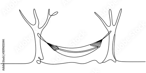 Hammock hung on trees continuous one line drawing. Relax concept minimalist style single line design. Vector illustration, editable stroke, continuous one line art drawing of a hammock illustration.