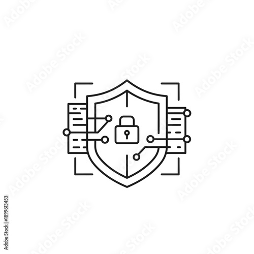 Cyber security shield with padlock and digital circuit lines