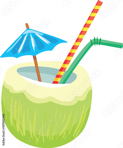 Wallpaper Mural Tropical coconut cocktail on the summer beach sand with a relaxing sun parasol and vacation travel illustration design under the blue ocean sky Torontodigital.ca