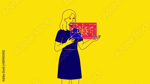 Woman Presenting Digital Data Network Connection Explaining AI Technology, Professional Woman Showing Holographic Graph Interface Concept Vector Animation
