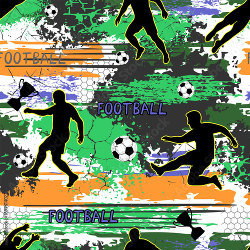 Artistic soccer player seamless pattern with textured grunge overlays. Moody green palette for premium sports apparel, gym interior graphics, and high-end esports branding.