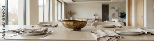 Elegant minimalist dining room with brass bowl centerpiece on table