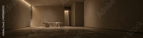 Minimalist interior with stone bench and subtle lighting in a spacious room