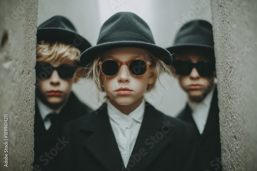 Spy kids in black suits with black glasses and black hats